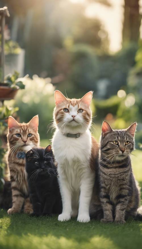 A majestic line up of assorted cats in a calm and serene garden setting.