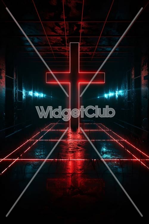 Glowing Neon Cross in a Dark Room Валлпапер[e3d8d038df784a5f85af]