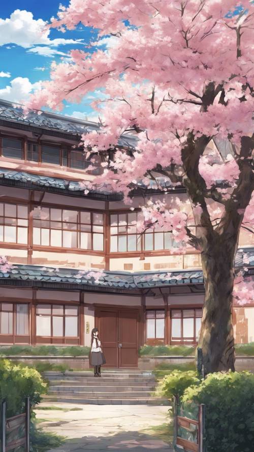 Uma paisagem serena de anime apresentando uma cerejeira em flor no pátio de uma escola.