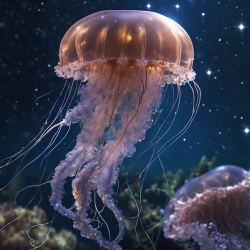 A spectacular, radiant jellyfish with sparkly tendrils, floating effortlessly in enchanted, midnight blue waters under the star-studded sky. Kertas dinding [d861b59d769a43ce8762]