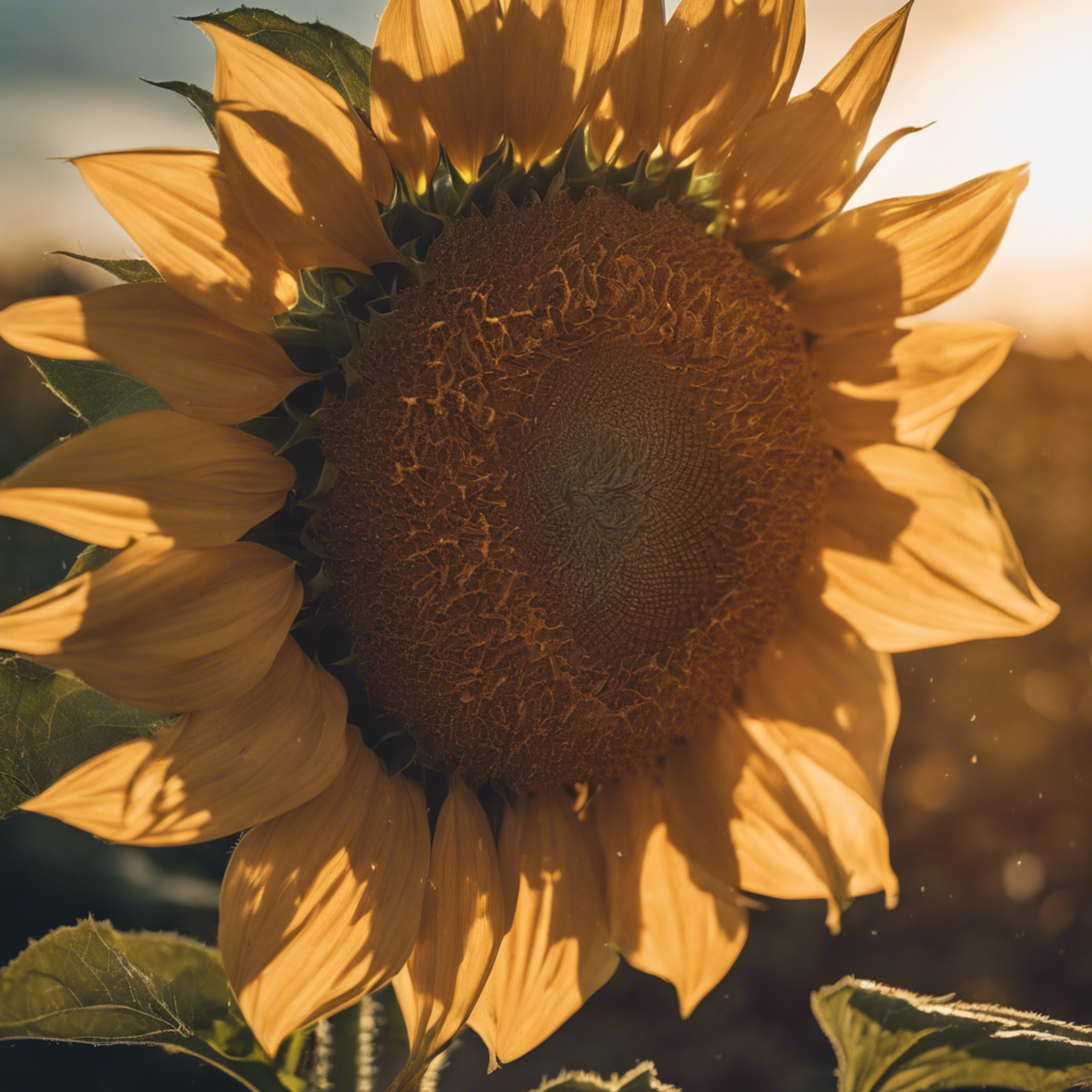 A sunflower facing the sun during a sunset. Tapet[9b42fe1f279f4e8bae2c]