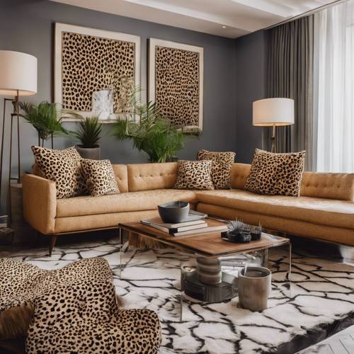 Un salotto moderno della metà del secolo con cuscini con stampa ghepardo che accentuano il divano.