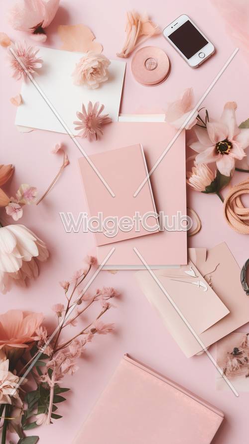 ピンクの文房具と花のデザイン