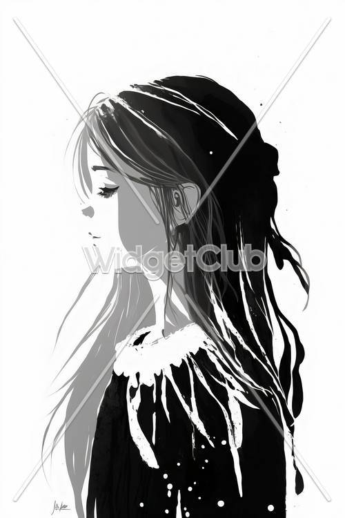 Stunning Black and White Portrait of a Girl with Flowing Hair and a Gentle Expression