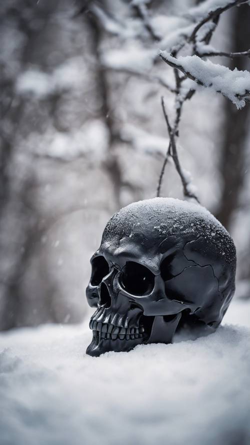Un crâne noir dans un environnement blanc comme neige.