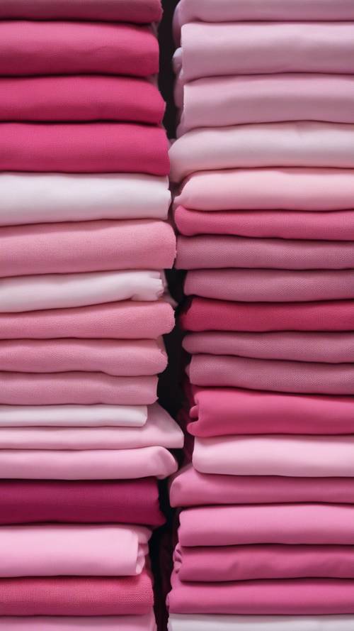 Una pila de sábanas dobladas en diferentes tonos de rosa, dispuestas en tonos sombríos.