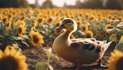 Bebek kawaii dengan mahkota bunga mungil, berkeliaran di ladang bunga matahari.