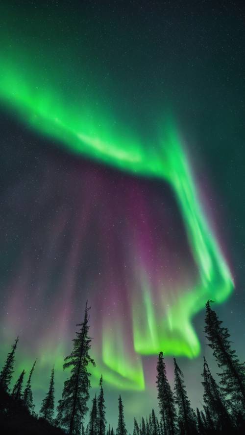 Aurora boreal verde neon brilhando intensamente no céu noturno.