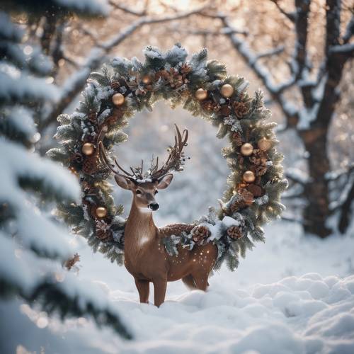 Karla kaplı bir bahçede kahverengi geyik çelengi bulunan açık hava Noel sahnesi.