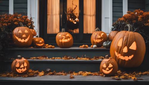 Un porche decorado con varios tipos de calabazas sonrientes y con muecas para Halloween.