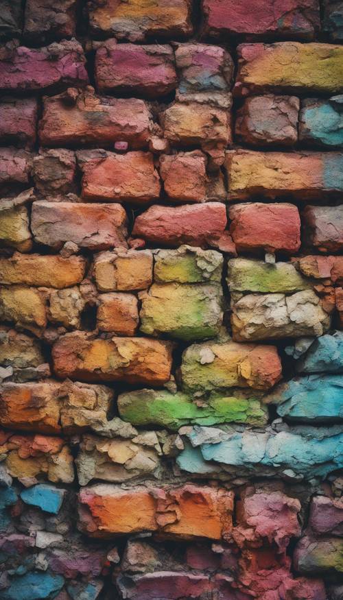Uma parede de tijolos em ruínas, pintada em um arco-íris de cores
