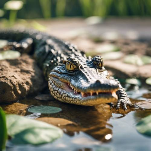 一个对水生世界充满好奇的幼儿，一只小鳄鱼在小池塘里犹豫地游泳。