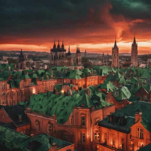A sweeping view of a gothic city with green copper rooftops lit up by a fiery red sunset.