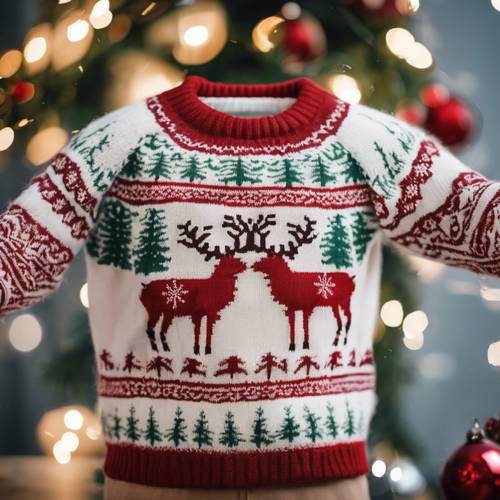 A close-up of a beautifully knitted Christmas-themed sweater, featuring patterned snowflakes, reindeer, and Christmas trees.