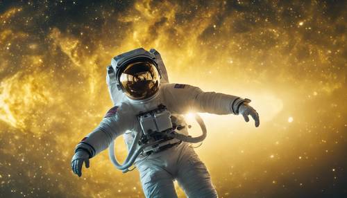 An astronaut floating in space shrouded by a mesmerising yellow aura.