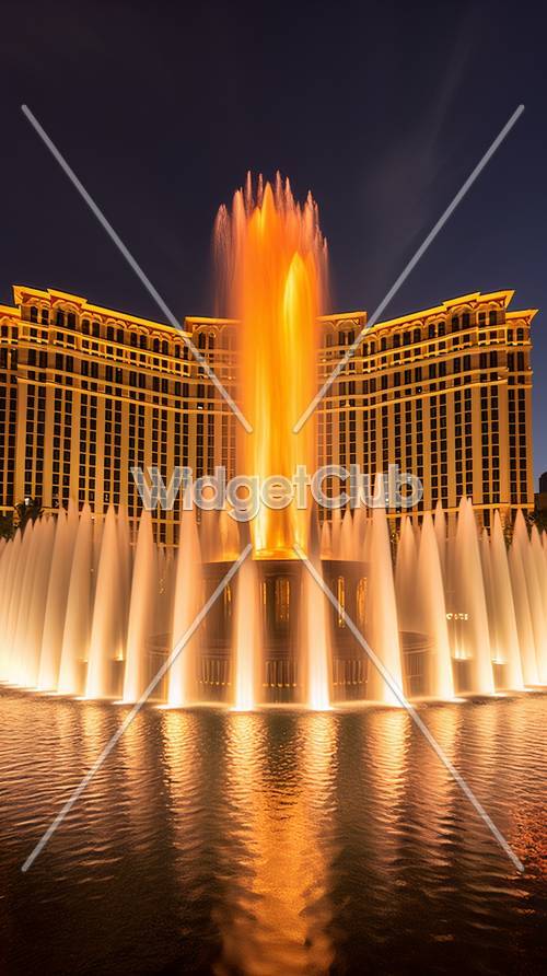 Dancing Fountains and Glowing Hotel at Night