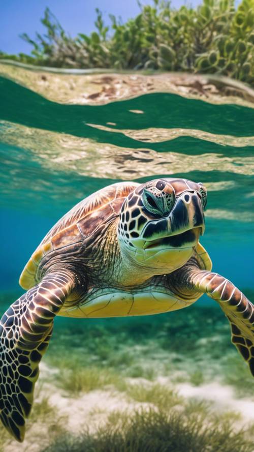 Uma vista de perto de uma tartaruga marinha verde, com sua carapaça irregular e coberta de musgo contrastando com o oceano azul claro.
