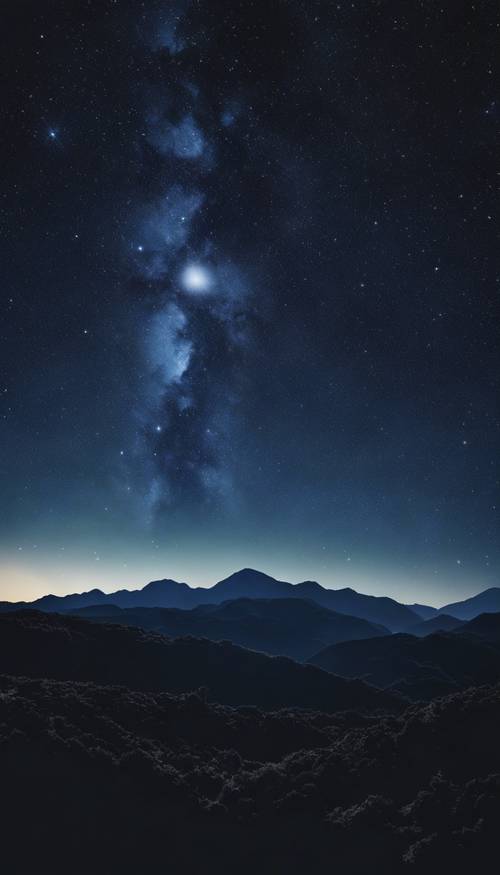 A secluded, black mountain range with a colossal, dark blue star shining in the midnight sky.