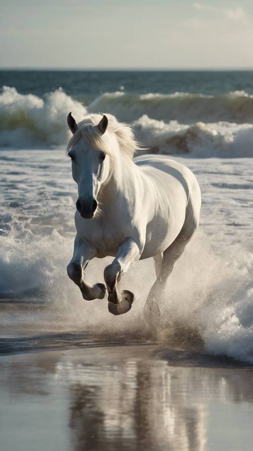 A beautiful white horse, galloping along a beach with waves crashing behind it.