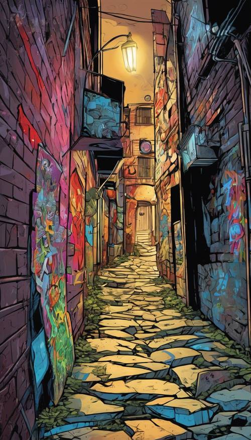 Une ruelle sombre éclairée par la lumière d&#39;un lampadaire voisin, révélant une fresque murale de graffitis de dessins animés colorés.