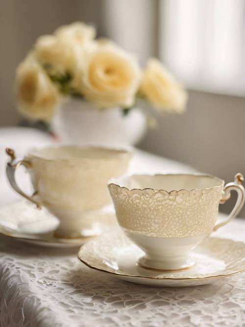 A delicate light yellow teacup set on a lacy creamy white tablecloth.