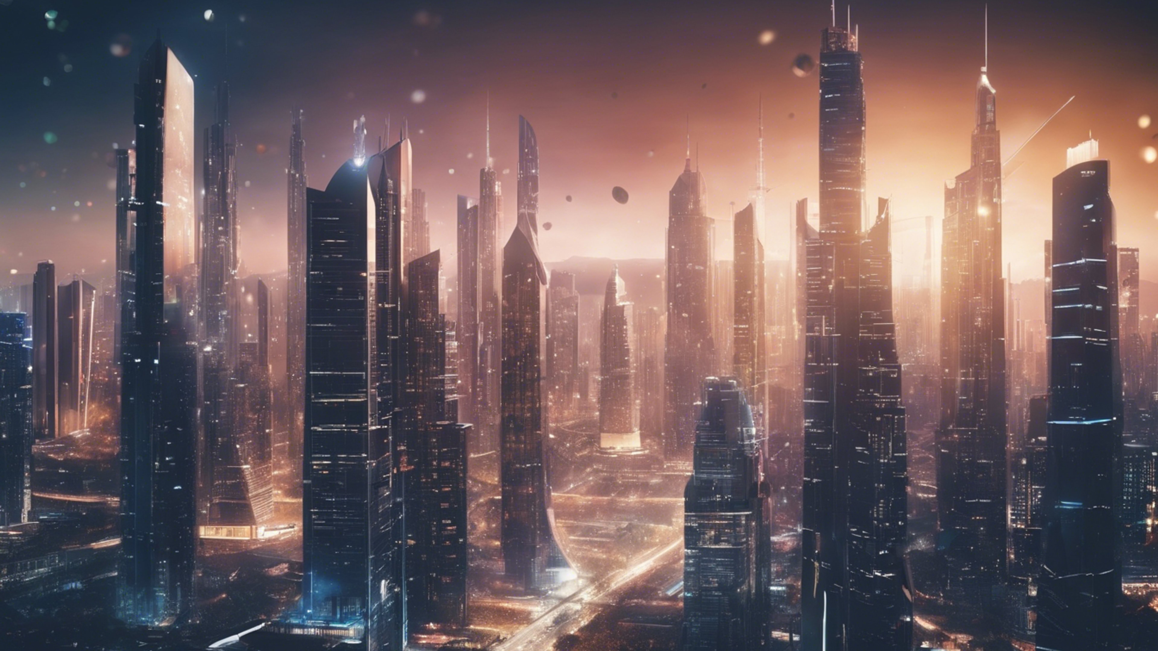 A detailed illustration of a megalopolis skyline with futuristic, AI-designed structures. Sfondo[5acce17a495b4f288757]