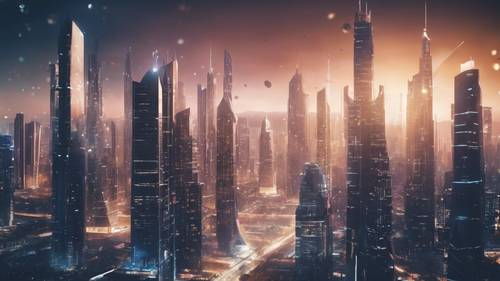 Uma ilustração detalhada do horizonte de uma megalópole com estruturas futurísticas projetadas por IA.