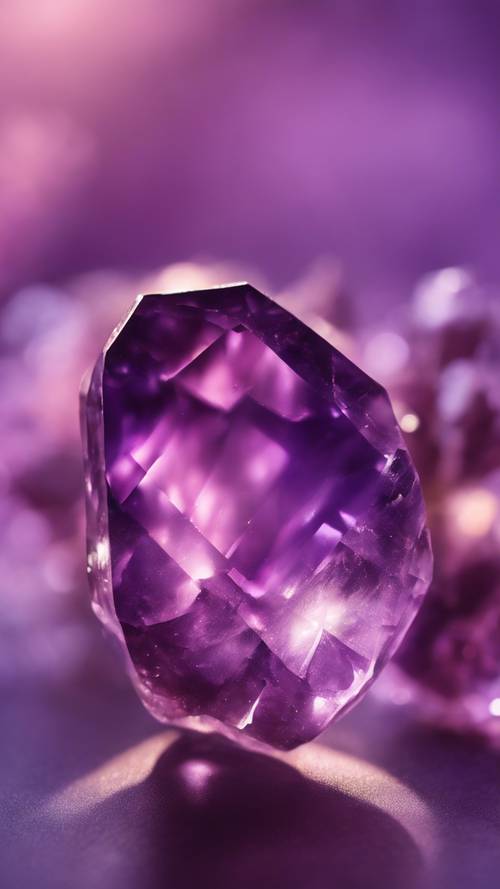 Uma antiga pedra preciosa de ametista brilhando com uma suave aura roxa.