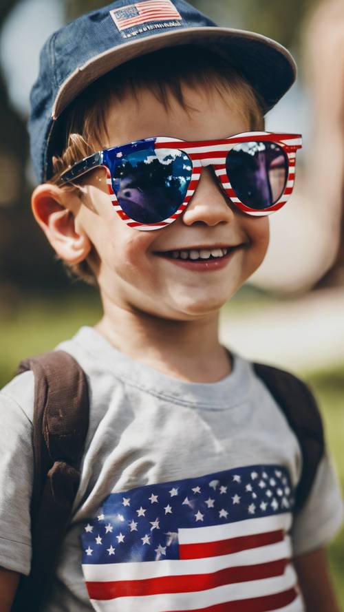 一名微笑的孩子戴着太阳镜，反射出一面美国国旗