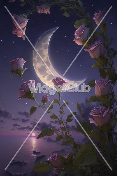 Rosas iluminadas por la luna junto al mar
