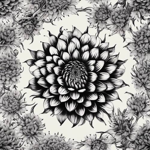 An intricate tattoo design of a black chrysanthemum enveloped by shadows and thorns.