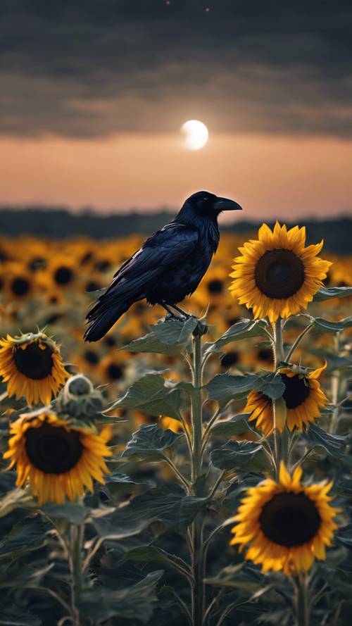 A raven-black sunflower field under the dim light of a crescent moon.