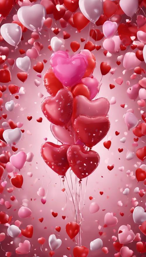 A bouquet of heart-shaped balloons surrounded by Valentine's Day confetti.