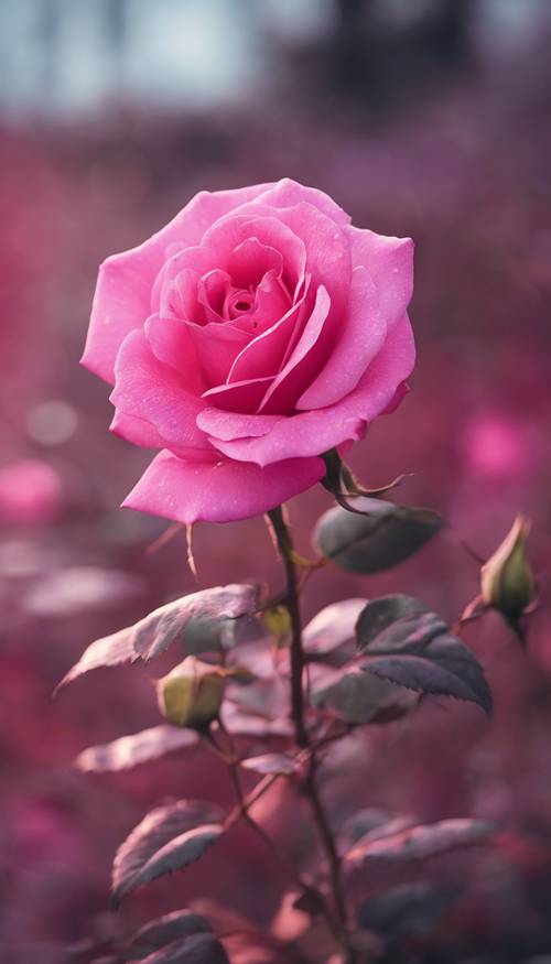 一朵艷麗的粉紅玫瑰在荒蕪的花園裡盛開，散發著引人注目的粉紅色光環。