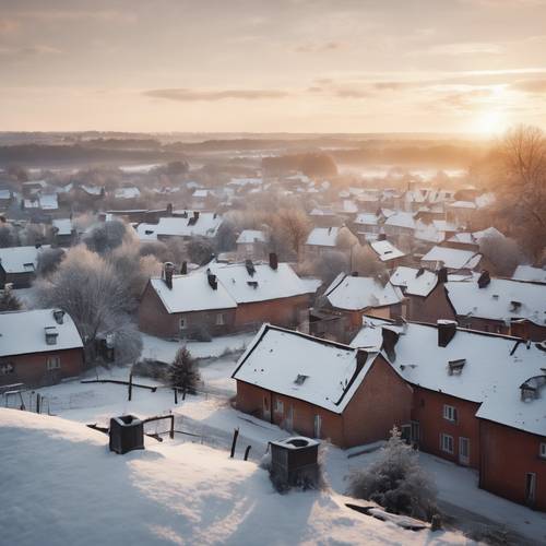 해가 뜰 때 겨울 풍경 속에 자리잡은 조용한 마을의 서리가 내린 지붕.
