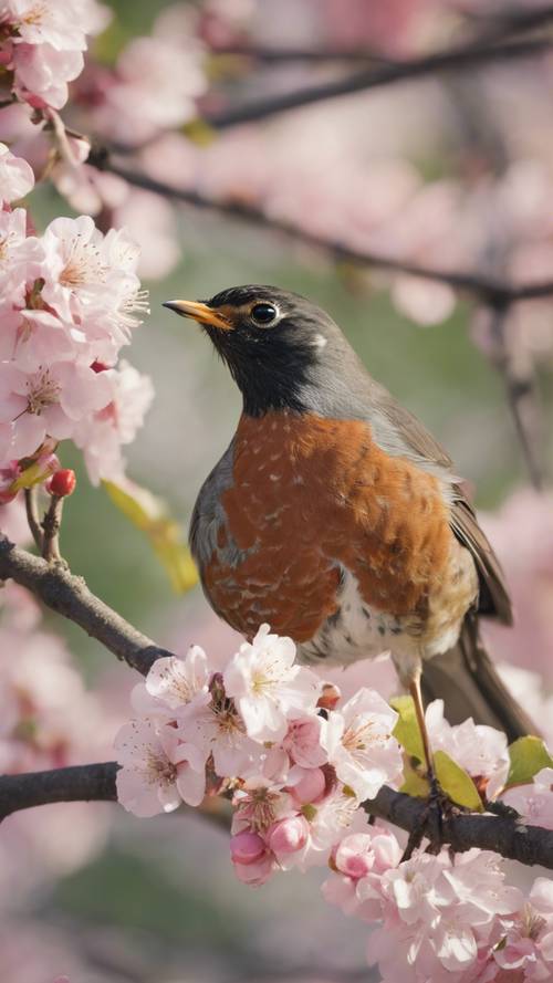 春天，密西根州的州鳥美國知更鳥棲息在一棵開花的蘋果樹上。