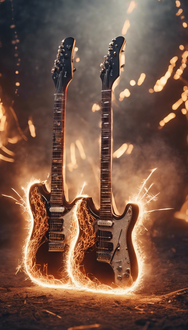 A pair of electric guitars cross in 'X' shape, with fire and sparks in the background. duvar kağıdı[8ff68057373846c9b801]