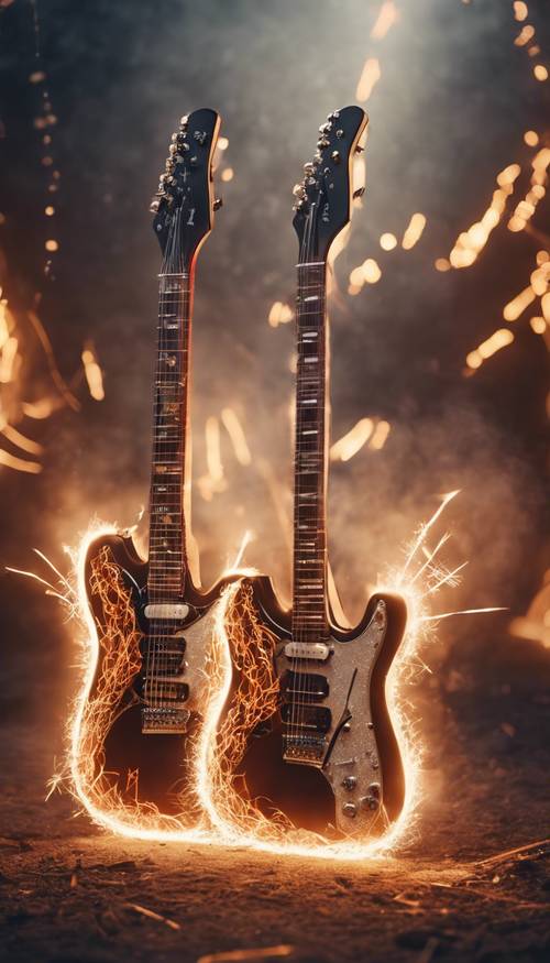 Ein Paar E-Gitarren kreuzt sich in X-Form, mit Feuer und Funken im Hintergrund.