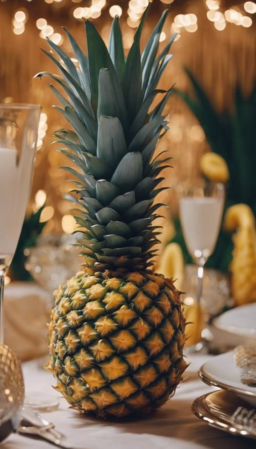 An elegant pineapple-based centerpiece on a festive table. Tapeta [4f2474161b234cabac25]
