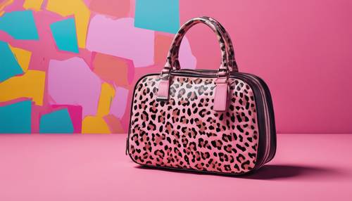 Ein digitales Gemälde im Pop-Art-Stil einer Handtasche mit Leopardenmuster und einem rosa Preppy-Hintergrund.