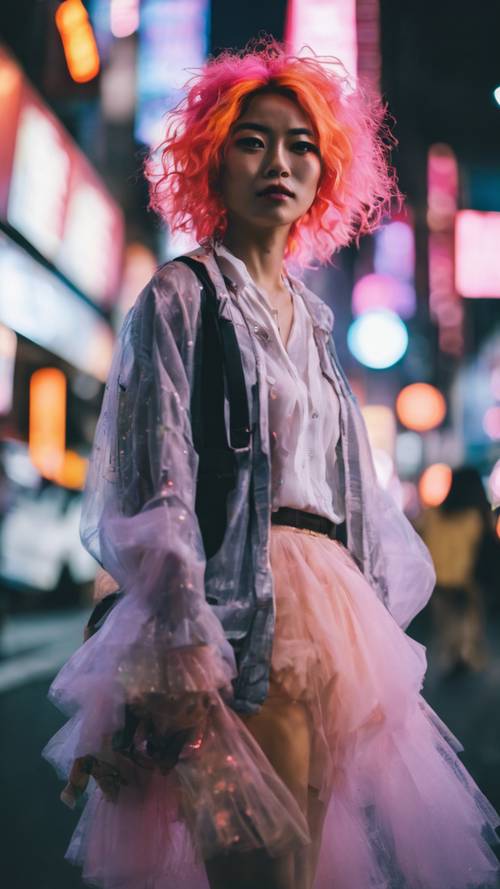 東京街頭的時尚前衛女性，亮麗的頭髮和層層疊疊的薄紗，她的服裝在城市黃昏中成為霓虹燈景觀。