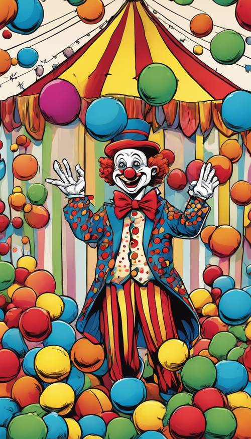 Причудливый мультяшный рисунок веселого клоуна, жонглирующего разноцветными шариками под цирковым шатром с большим верхом.