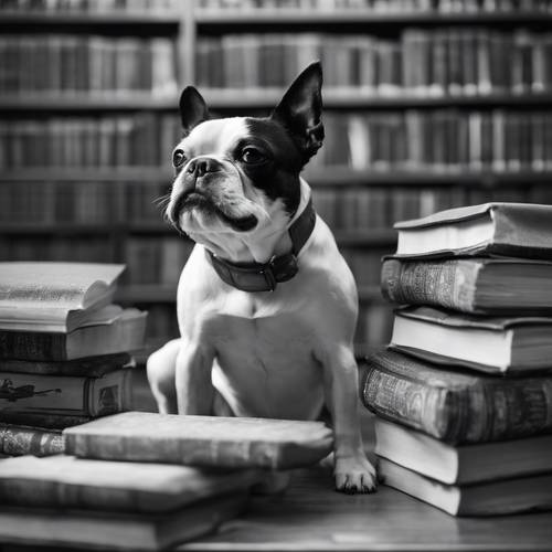Czarno-biały terier bostoński siedzi w bibliotece, obok stos książek o tematyce psów.