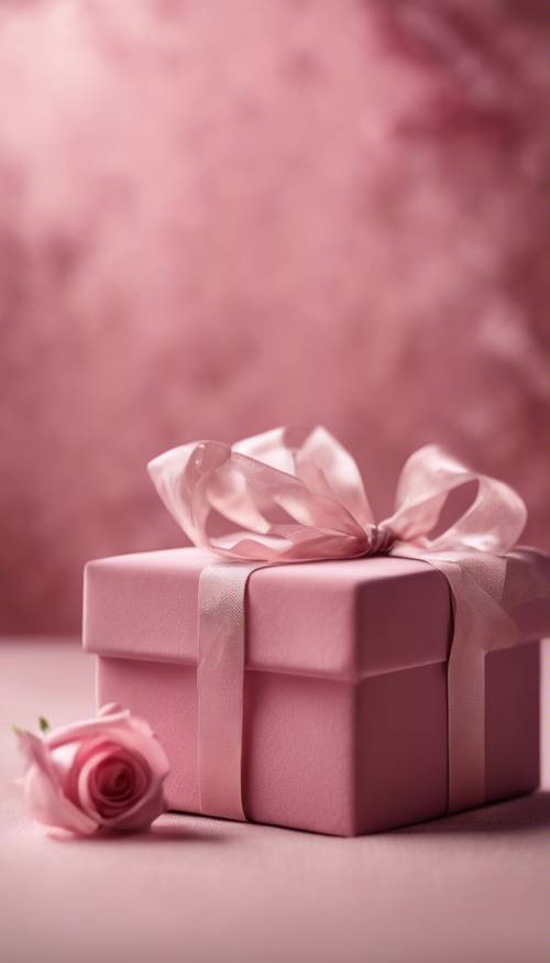 מבט מקרוב של קופסת מתנה מקטיפה ורודה על רקע ורד ערפילי.