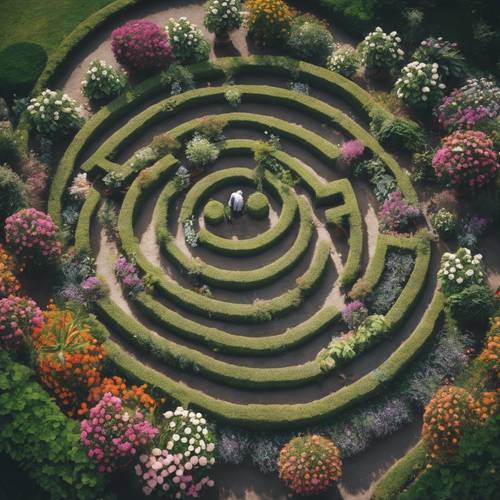 Vue aérienne d&#39;un jardin labyrinthe rempli d&#39;une variété de fleurs.