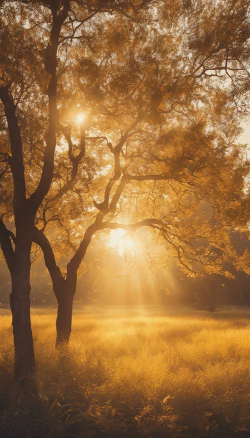 Um nascer do sol sereno e tranquilo emanando uma aura amarela.