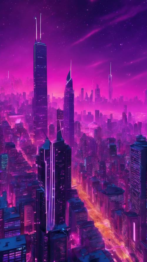 Un paesaggio urbano al neon in stile arte digitale Y2K, con grattacieli luminosi e luminosi sotto un cielo viola tempestato di stelle.