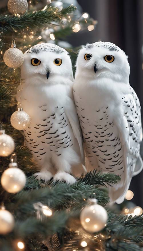 An elegant Christmas scene featuring white, snowy owls with kawaii eyes, roosting on a grandiose Christmas tree.