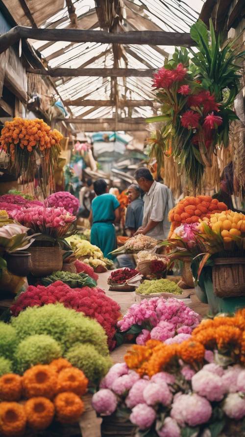 Mercado de flores exóticas situado em uma animada vila tropical.