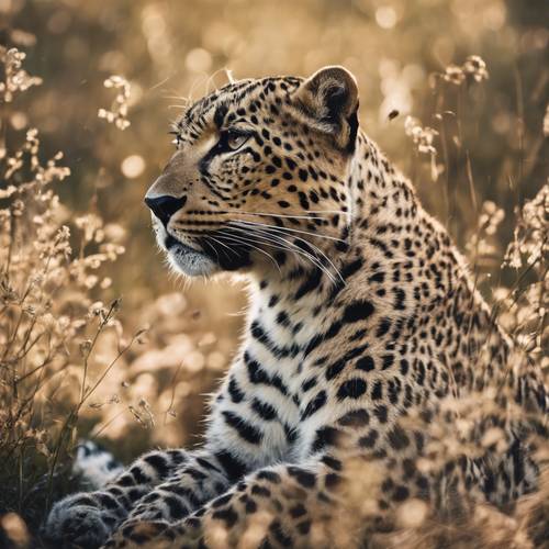 Ein Leopard auf einer friedlichen Wiese, seine Flecken wie künstlerische Spritzer in neutralen Farben.